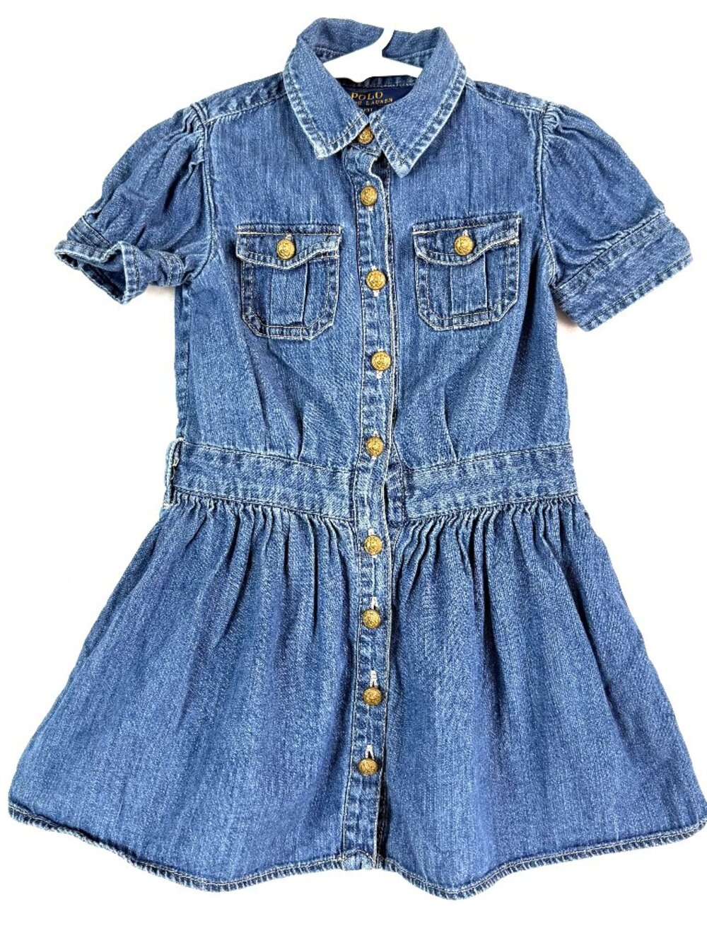 Polo Ralph Lauren Collared Button Front Puff Sleeves Tiered Cotton Denim Dress 3
